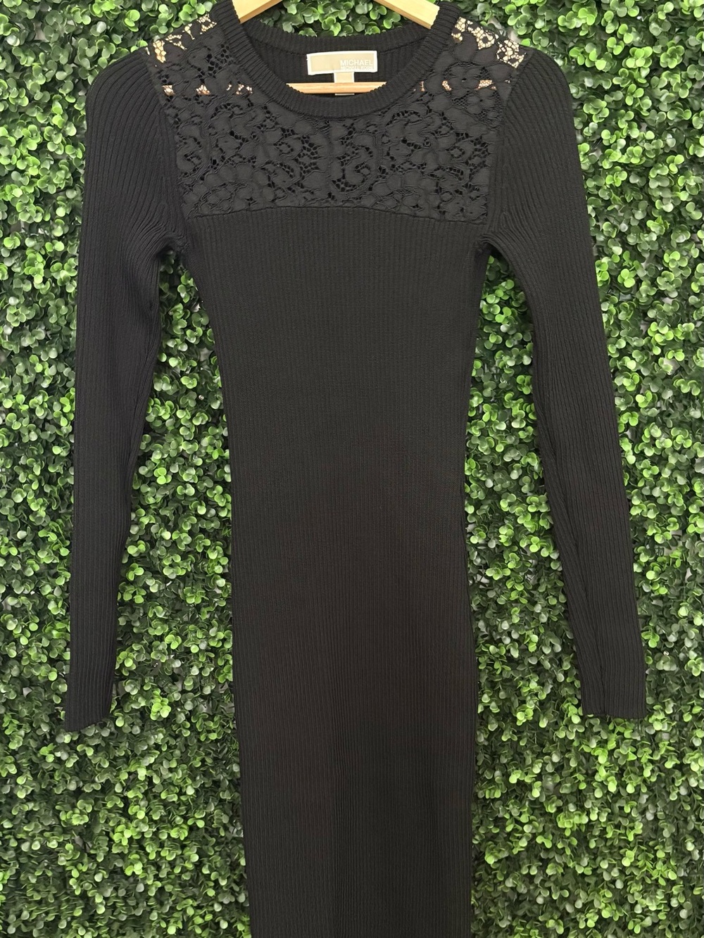 Michael Kors Black Ribbed Long-Sleeve Dress with Lace Yoke